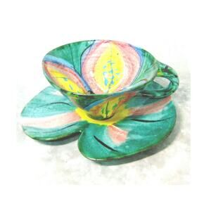 Glazed Terra Cotta Pottery Large CUP & SAUCER Lilly Pad Flower Plate Vtg 2-Piece